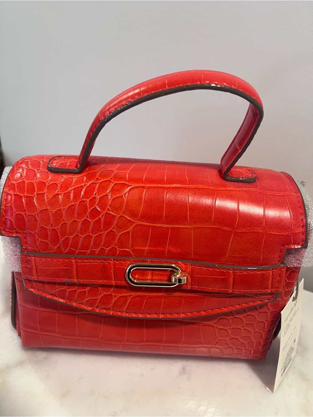 Orange Croc-Embossed Top Handle Bag